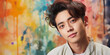 © Luc.Pro - Handsome Korean Model Against Colorful Abstract Backdrop - Contemporary Male Beauty, Artistic Expression, Stylish Youth, Creative Background, Fashion Portrait, Cultural Elegance, Trendy Aesthetics