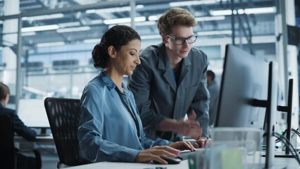 Caucasian Man and Hispanic Woman Having a Conversation at Industrial Facility. Employees Working Together, Using Desktop Computer for Supervising Work Process in Automated Factory With Robotic Arms.