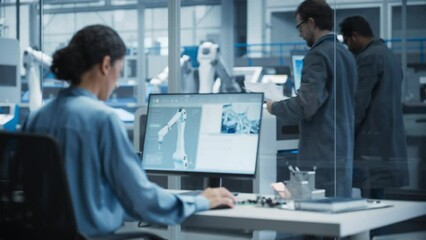 Poster - Hispanic Female Automation Engineer Using Desktop Computer to Control Automated Production With Robotic Arms On Electronics Factory, While Indian Assembly Line Worker Using Solder Jet Printer.