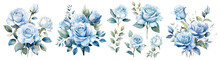Set Of Beautiful Blue Rose Flower ,Watercolor Collection Of Hand Drawn Flowers , Botanical Plant Illustration Decor Cut Out Transparent Isolated On White Background ,PNG File ,artwork Graphic Design.