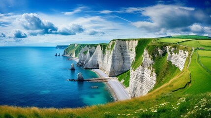 Wall Mural - boat on the sea, Picturesque panoramic landscape on the cliffs