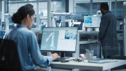 Poster - Hispanic Female Automation Engineer Using Desktop Computer to Control Automated Production With Robotic Arms On Modern Electronics Factory, While Indian Assembly Line Worker Using Solder Jet Printer.