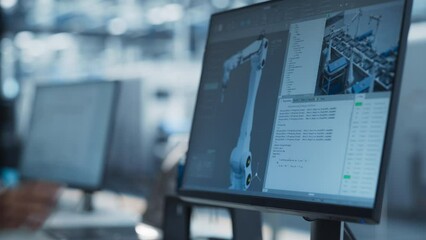 Leinwandbilder - Close Up On Screen Of Desktop Computer With Automation Software For Autonomous Assembly Line At Modern Factory With Robotic Arms. Anonymous Workers Pointing At Display, Adjusting Production Process.