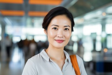 Poster - Portrait of a satisfied asian woman in her 30s wearing a sporty polo shirt against a bustling airport terminal background. AI Generation