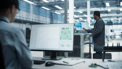 Poster - Asian Male Industrial Engineer Working on Desktop Computer With Microchip Blueprint At Electronics Factory, While His Indian Colleague Using Soldering Jet Printer To Create Motherboard For AI Systems.