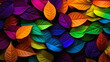 Colorful leaves spread out in large groups on black background, neon and fluorescent style. 