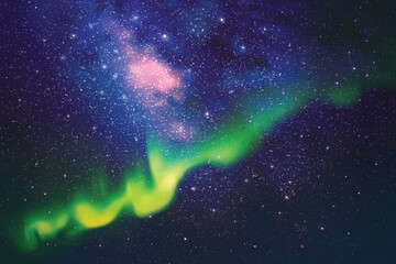 Poster - night starry sky. milky way and northern lights. green aurora borealis.