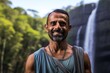 Portrait of a grinning indian man in his 40s sporting a long-sleeved thermal undershirt against a backdrop of a spectacular waterfall. AI Generation