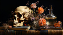Still Life With Skull And Flowers - Vanitas