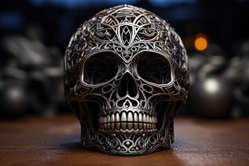  a close up of a metal skull on a table with other metal objects in the background and a blurry image of a building in the back ground in the background.
