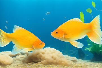 Two cute goldfishes swimming in blue water