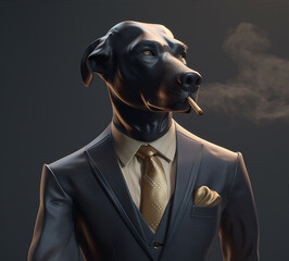 Portrait of a businessman with head dog in a suit with a cigar in his mouth