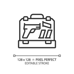 Sticker - 2D pixel perfect editable black gun case icon, isolated simple vector, thin line illustration representing weapons.