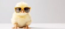 Funny Easter Concept Holiday Animal Greeting Card - Cool Cute Little Easter Chick Baby With Sunglasses On Table