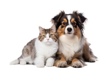 Portrait of Happy dog and cat that looking at the camera together isolated on transparent background, friendship between dog and cat, amazing friendliness of the pets.