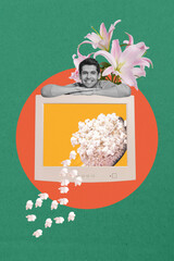 Poster - Collage image poster of cheerful happy man pc computer display interface floral petals isolated on drawing background