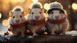  three hamsters wearing hats and scarves sit on a piece of wood in front of a boke of lights and snow on a wooden surface with a blurry background.