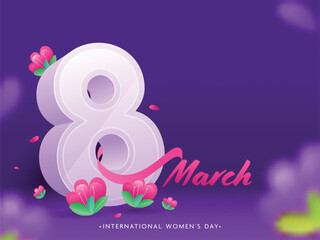 Sticker - March of 3D 8 Number with Flowers Decorated on Purple Background for International Women's Day Concept. Can Be Used as Greeting Card.