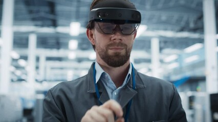Leinwandbilder - Portrait of Caucasian Male Engineer Wearing an Augmented Reality Headset And Controlling Autonomous Production At an Electronics Factory. Technician Using Gestures To Configure Automated Assembly Line