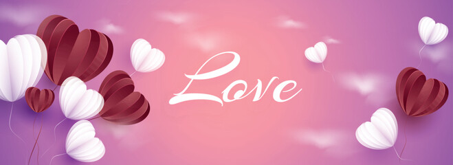 Poster - Love Message Font with Paper Cut Heart Shaped Balloons Flying on Gradient Pink Clouds Background. Happy Valentine's Day Header or Banner Design.