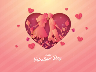 Poster - Happy Valentine's Day Greeting Card with Paper Style Young Couple Attracted to Each Other, Leaves, Butterflies and Hearts Decorated on Peach Striped Background.