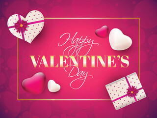 Poster - Happy Valentine's Day Celebration Concept with Top View of Realistic Gift Boxes , Glossy Heart Shaped Balloons on Gradient Red and Pink Background.