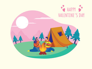 Wall Mural - Camping View Background with Young Couple Enjoying Drinks in Front of Bonfire for Happy Valentine's Day Celebration Concept.