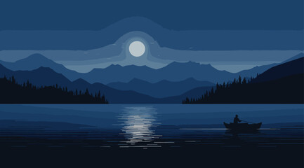 Wall Mural - minimalistic vector illustration of a serene lakeside scene under the moonlight, with a solitary rowboat gently floating on the calm water. moonlit lake blues, boat whites