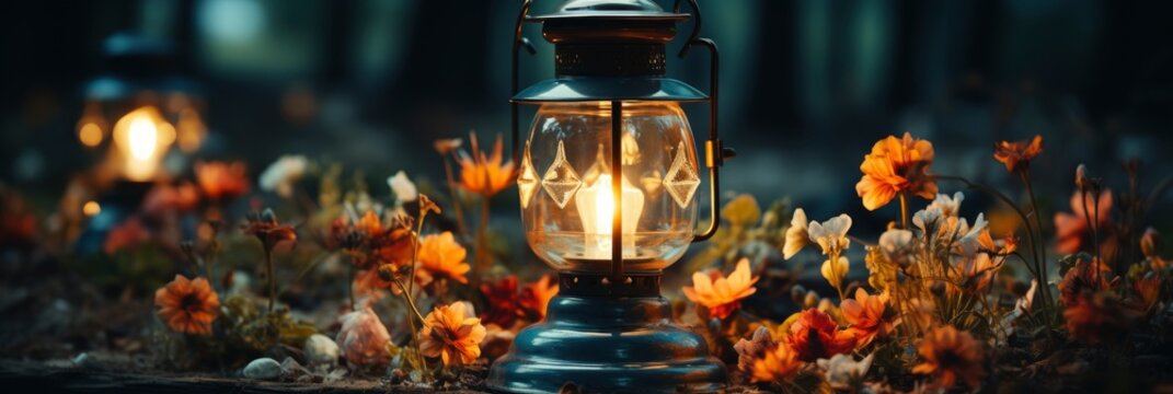 Old Kerosene Lamp Flower Garden Dark , Banner Image For Website, Background, Desktop Wallpaper