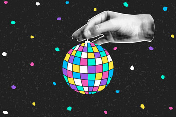 Halftone collage banner, hand holding disco ball drawn in flat style. Dark background, rainbow highlights, pop art illustration.