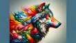 A photorealistic image of an artistic rendering of a wolf in a colorful, abstract style, envisioned as a bestseller on Adobe Stock.
