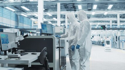 Poster - Two Scientists in Sterile Suits Walking In Electronics Factory Research Center. Technician And Engineer Approaching Soldering Jet Printer And Starting Production Process Of Modern Circuit Boards.