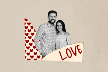 Wall Mural - Abstract creative artwork template collage of couple hug smile valentine day love dating concept magazine surrealism metaphor psychedelic