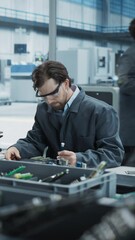Aufkleber - Vertical Screen: Caucasian Male Worker Disassembling Old Laptops To Recycle Electronic Components For Sustainable Computer Production At Electronics Factory. Man Unscrewing Keyboards And Sorting Them.