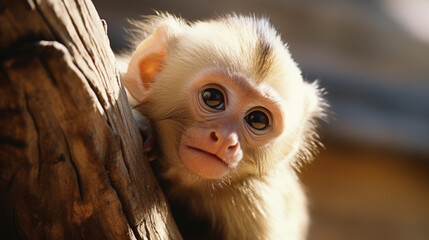 Poster - A cute capuchin monkey caught in a moment of curiosity, offering an endearing and charming image for diverse visual applications.