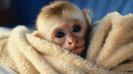 A cute capuchin monkey caught in a moment of curiosity, offering an endearing and charming image for diverse visual applications.