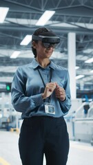 Leinwandbilder - Vertical Screen: Hispanic Female Engineer Wearing an Augmented Reality Headset And Controlling Autonomous Production At an Electronics Factory. Technician Using Gestures To Configure Assembly Line.
