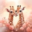 Illustration of tender animal love with baby giraffes cuddling on a pastel background for Valentine's Day,