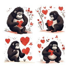 Wall Mural - Set of loving monkeys on white background