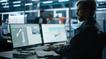 Poster - Caucasian Male Assembly Line Operator Controlling Autonomous Conveyor With Robotic Arms At Modern Electric Engine Factory. Man Using Desktop Computer To Adjust Automated Production System.