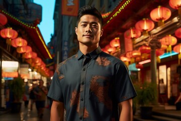 Wall Mural - Portrait of a tender asian man in his 20s sporting a technical climbing shirt against a vibrant market street background. AI Generation