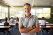 © Markus Schröder - Portrait of a blissful man in his 50s wearing a breathable golf polo against a lively classroom background. AI Generation