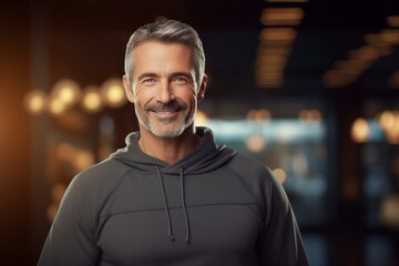 Wall Mural - Portrait of a merry man in his 50s dressed in a comfy fleece pullover against a dynamic fitness gym background. AI Generation