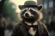 Generative AI fantasy character. Racoon men 1920s walking on the old time street