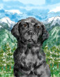 Black Labrador Retriever dog portrait with Canadian nature landscape painting