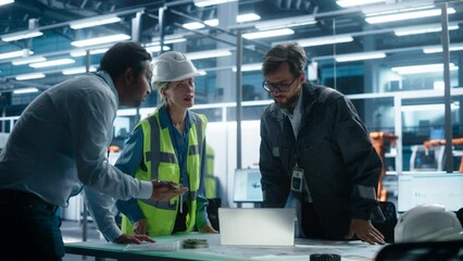 Poster - Autonomous Manufacturing Plant With Robotic Arms: Diverse Specialists Talking About Sustainable Energy Powered Jet Engine. Engineer, Designer, Quality Control Technician Discussing Innovative Project.
