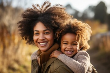 Wall Mural - Portrait of happy mother giving a piggyback ride to cute little girl outdoors. AI Generated