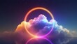 3d render, abstract cloud illuminated with neon light ring on dark night sky. Glowing geometric shape, round frame