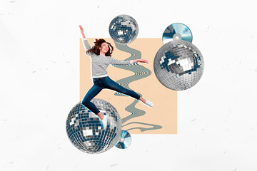 Sticker - Horizontal photo collage of young energetic girl jump high dance among big disco balls and disks rest vibe youth fun on abstract creative background