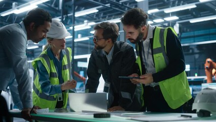 Aufkleber - Meeting At Factory Office: Diverse Industrial Engineers And Designers Using Laptop And Tablet With Blueprints For Innovative Engine. Facility With Autonomous Assembly Line With Robotic Arms.